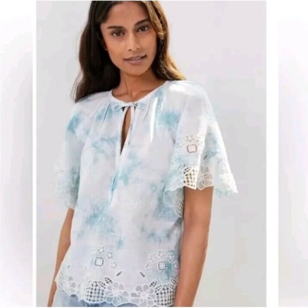 Anthropologie Embroidered Tie Dye Eyelet Lace Boho Puff‎ Sleeve Blouse